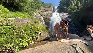 me and friend take hot black girl to waterfall for wild sex