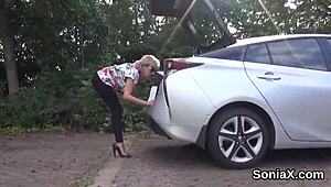 unfaithful english milf lady sonia slyly flashes her massive hooters to tease