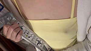 Flat-chested asian beauty exposes hard nipples through clothes, getting excited in part three