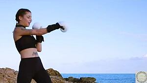 Boxer tied up and spanked, then rims her dom by the Balearic Sea. A real domination session with warrior mythology themes begins