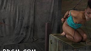 The femdom babe inflicts pleasure on her bound partner's pussy with intense fucking.