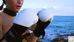 Boxer tied up and spanked, then rims her dom by the Balearic Sea. A real domination session with warrior mythology themes begins