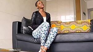 Black beauty with massive tits rides huge white cock for job