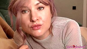 Pink-haired cutie sucks big dick, licks balls, swallows cum