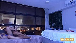 latina blonde rides well-endowed guy in cowgirl during carnival in see-through outfit