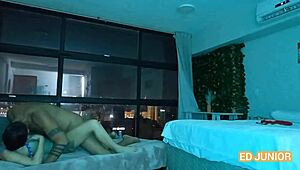 latina blonde rides well-endowed guy in cowgirl during carnival in see-through outfit