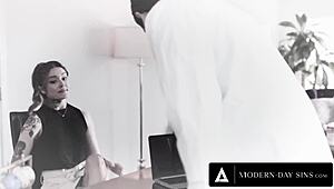 Ember Snow and Madi Collins ride leader in sloppy reverse gangbang!