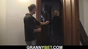 Old mature blonde sucks and rides neighbor's cock in steamy encounter