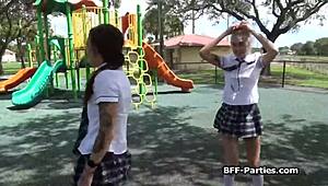 Busted Coed BFFs Satisfy Security Guard's Massive Cock in Group Fun