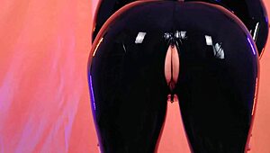 Curvy lady in shiny latex, teasing in rubber dress