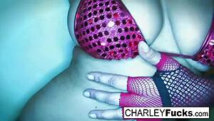 Charley Chase in sexy lingerie and stockings, solo pleasure