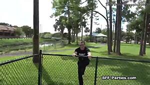 Busted Coed BFFs Satisfy Security Guard's Massive Cock in Group Fun