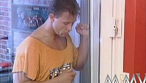 excited beauty eagerly licking a massive hairy cock in retro scene