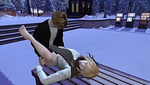 in this 3d anime, me n my girl r sucking n licking in public on a snowy day