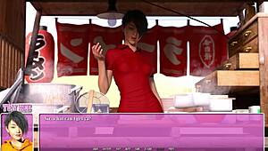 Petite redhead eats ramen in summer city game scene!