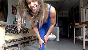 Ginger Moisther Teases in Blue, Licking Nipples with Comedy Smiles