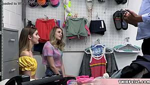 Mall Cop Catches Two Cute Teen Shoplifters for Rough Group Action