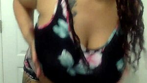 Big tit ebony milf dances in the bathroom