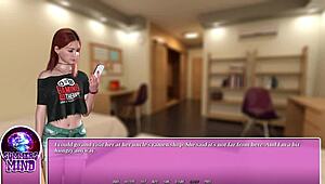 Petite redhead eats ramen in summer city game scene!