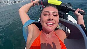 Horny blonde getting her pussy drilled on a jetski, cumshot orgasm fucking
