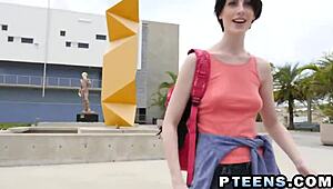 Young hottie teases old stud in doggy on the floor.