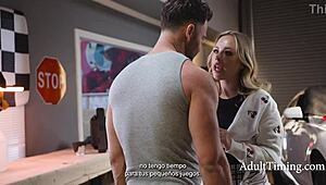 Classy influencer bangs greasy mechanic in garage hookup