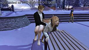 in this 3d anime, me n my girl r sucking n licking in public on a snowy day