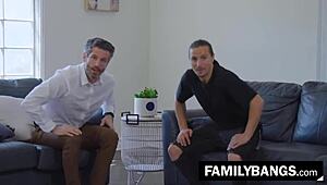 Familybangs com - Stepdad watches wife Aila Donovan get slammed by stepson Mike Mancini and Jay Romero on the sofa.