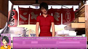 Petite redhead eats ramen in summer city game scene!