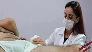 nurse and aesthetician watch patient's erection grow hard