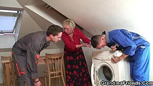 Hey, can you believe this old grandma spreading legs for two cocks at once?