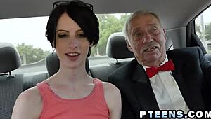 Young hottie teases old stud in doggy on the floor.