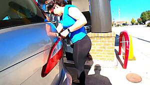 43yo wife in insanely transparent leggings, daring to flash in public