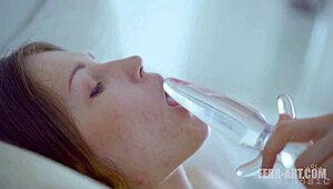 Real LESBIANS kissing and glass DILDO toying passionately in the bedroom