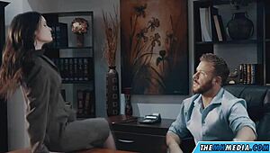 The horny girl in lingerie rides a monster cock, sucking and getting her tight pussy filled.