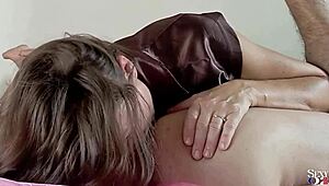 French amateur in brown satin dress gets fucked doggystyle with blowjob and pussy licking