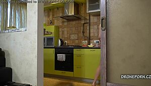 Blonde teen Kira caught naked cooking in kitchen wow!