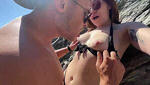 hot brunette meets stranger on public beach