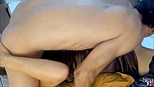 French milf in satin dress and heels gets pussy licked, blowjob, rimming, doggystyle, missionary fucking