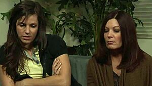 Busty mature lesbian strapon slams teen pussy in close-up action.