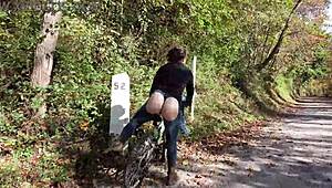 Butt-less jeans on bike trail, showing off in public.