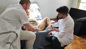 Doctors deepthroat and bareback fuck patient in office