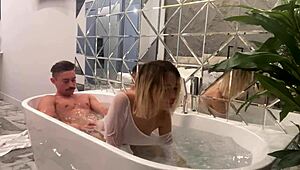 a blonde asian escort with natural tits swallows cum then impales her narrow big ass on a huge dick in the toilet.