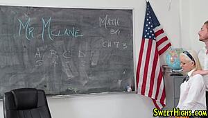 Teen in uniform gets fingered and masturbated, ending with cum in mouth