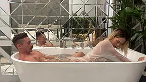 a blonde asian escort with natural tits swallows cum then impales her narrow big ass on a huge dick in the toilet.