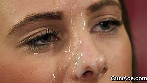 FRISKY BABE GETS JIZZ LOAD ON HER FACE GULPING ALL THE LOAD