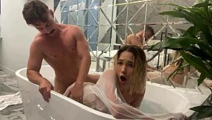 a blonde asian escort with natural tits swallows cum then impales her narrow big ass on a huge dick in the toilet.