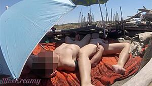 Ever caught flashing cock on a public beach with Misscreamy helping?