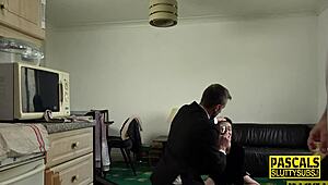 Skinny bound submissive deep throats in rough bondage hardcore fetish scene.