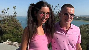 fucked a cute girl and her boyfriend hard after meeting on the street in tight skirts